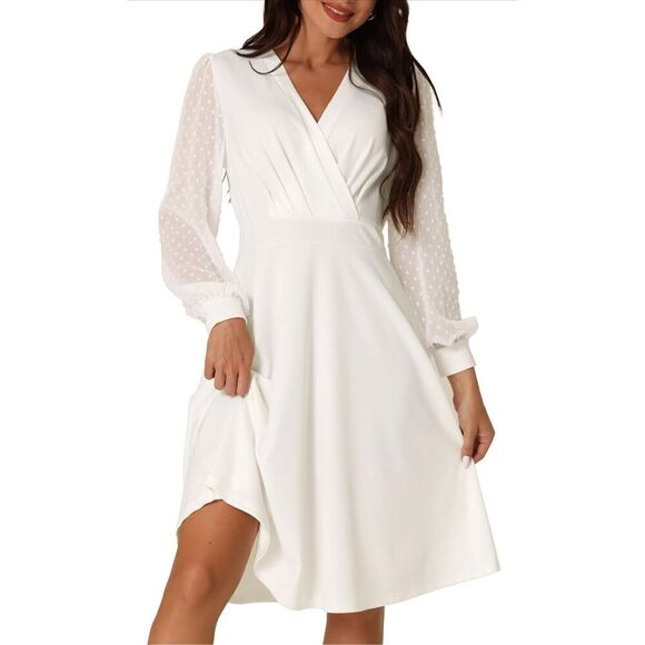 NEW Long Sleeve Swiss Dots Wrap V Neck Knee Length Dress S - Picture 1 of 7